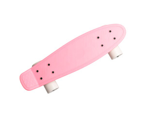 Pink skateboard with white wheels, fun on transparent background