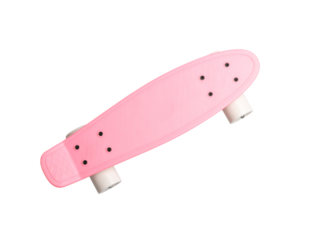 Pink skateboard with white wheels, fun on transparent background
