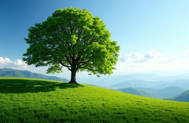 A solitary green tree stands on a grassy hill under a bright blue sky