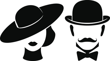 Elegant silhouette of a woman in a wide brimmed hat and a man in a bowler hat