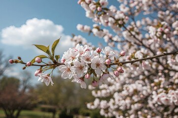 Blossoms on a cherry tree branch in a backyard