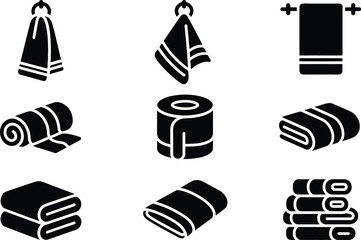 Set of nine black and white icons representing different types of folded and hanging towels