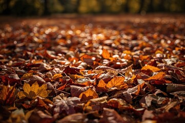 Colorful leaves scattered on the earth. Concept of seasonal transition, gentle selective focus. Autumn atmosphere.