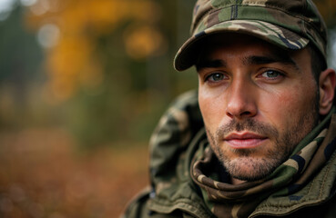 Fototapeta premium A man in camouflage military uniform outdoors in a forest setting