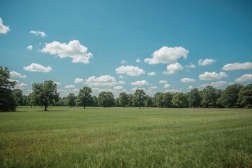 Open field with tall trees under a clear blue sky