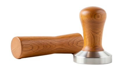 Coffee tamper espresso distribution tool barista accessories wooden handle stainless steel base on transparent background