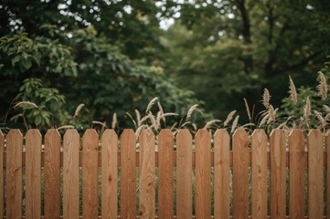 Obraz premium Wooden fence with leafy backdrop, abstract summer texture and natural design