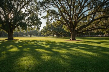 Fototapeta premium Background texture of vibrant green grass in a serene public park illuminated by gentle morning light, surrounded by lush trees. Space available for text.