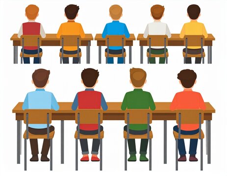 Illustration icon of a forum of students sitting on their chairs listening to the teacher explaining the lesson in class