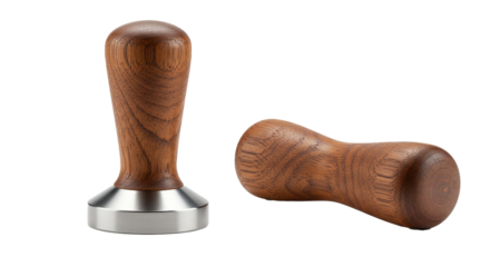 Espresso coffee tamper barista tool wood handle stainless steel base coffee shop accessory cafe equipment on transparent background