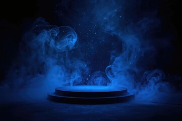 Sophisticated and Opulent Foggy Environment with Sleek Dark Neon Blue Tones on a Platform Stage, Cinematic Display Background