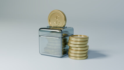 투명한 저금통과 달러 골드 동전을 저금하고 있고 동전이 쌓여져 있는 측면