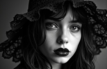 Woman with dark lipstick and lace hat looking at camera in black and white