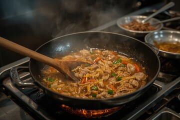 Cooking pork with sauce and vegetables in a sizzling pan at a dining spot. A wooden spatula rests on the pan. Leftover ingredients, kitchen scene with flames, vegetables, oil, and bubbling meat.