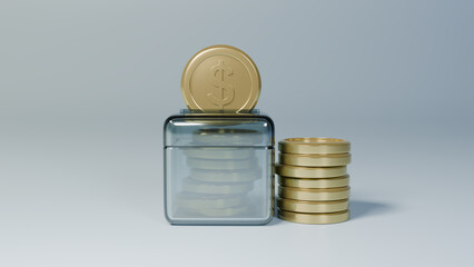 투명한 저금통과 달러 골드 동전을 저금하고 있고 동전이 쌓여져 있는 정면