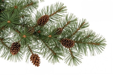 Isolated pine tree limbs with cones on a white backdrop. Seasonal winter ornamentation. Coniferous foliage.