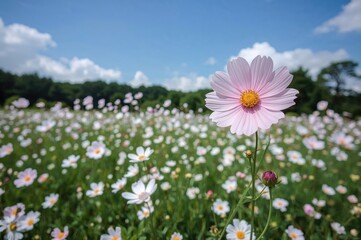 Obraz premium Pink cosmos flowers blooming in a park setting