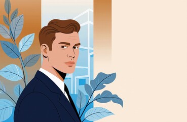 Confident businessman in formal suit standing near large leafy plant in modern office setting