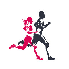 Running, marathon run logo, running people man and woman. Isolated vector silhouette, side view. Athletics