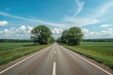 Deserted paved pathway crossing lush greenery beneath a clear sky with scattered clouds on a sunny day.