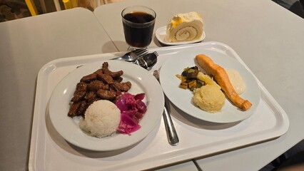 Cafeteria meal beef salmon