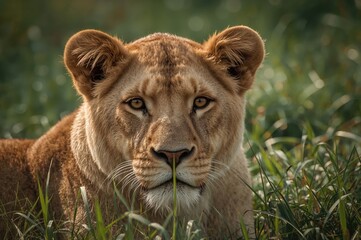 Naklejka premium Lioness resting on the grass