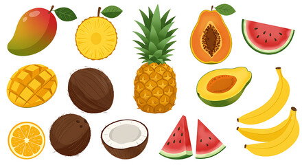 A vibrant collage of fresh, healthy fruits and citrus slices on a white background