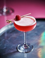 Elegant pink cocktail in a classic stemmed glass garnished with raspberry and a decorative pick on a vibrant pink and blue background