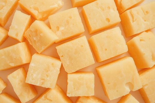Chunks of firm aged cheese on a white backdrop.