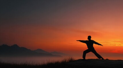 Sunset tai chi practice mountain landscape photography tranquil environment silhouette view mindfulness concept