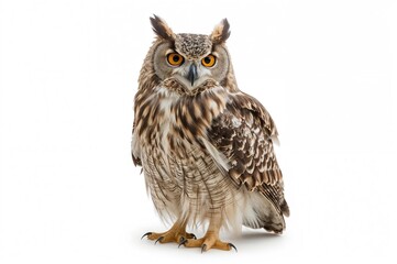Naklejka premium A large eagle owl species posed against a plain white backdrop