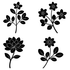 Four distinct floral arrangements in black silhouette against a white background showcasing botanical elements