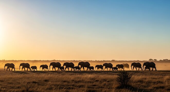 A majestic herd of elephants walking across the African savanna during a beautiful sunset.