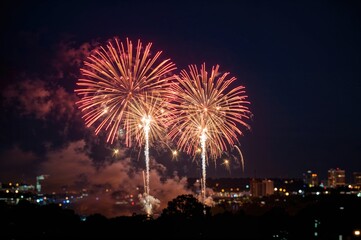 Colorful nighttime fireworks explosion with bright lights and celebration