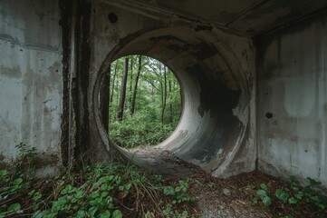 Naklejka premium Exiting a storm drain pipe connected to a city wastewater network, opening into a wooded environment.