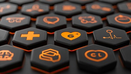 Close-up of dark hexagonal buttons, glowing orange. Medical and health icons