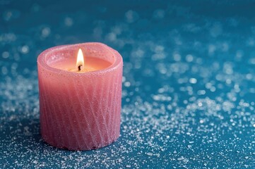 Festive candle glowing on a shimmering snowy backdrop, seasonal celebration theme for Christmas, New Year's, and Valentine's Day