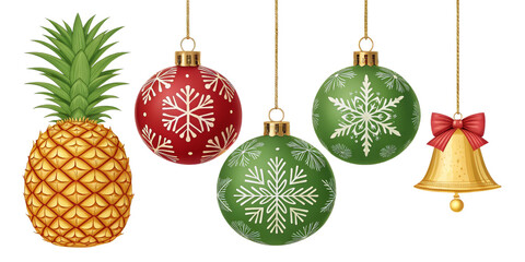 Pineapple and Christmas Ornaments Festive Holiday Composition, Isolated on Transparent Background, Christmas Decorations, illustration, Holiday, Ornament, Pineapple
