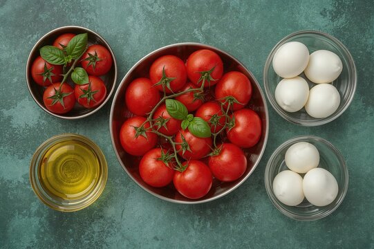 High-resolution photo of Caprese salad components: cherry tomatoes, mozzarella balls, basil leaves, and olive oil on a textured green surface - Powered by Adobe