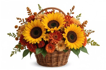 Obraz premium Autumn arrangement of sunflowers in a woven basket on a white background