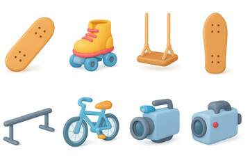 Colorful 3d recreational icons featuring skateboard, roller skate, swing, bicycle, and cameras