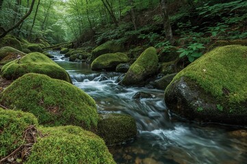 Verdant Weave: The Moss-Covered Oirase River's Natural Hug