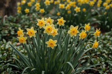 Fototapeta premium Vibrant yellow narcissus brighten a lush spring garden scene, highlighting nature's vivid charm.