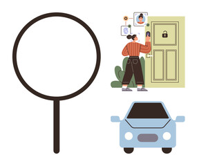 Unlocking door using smart technology while communication icons float, parked blue car, magnifying glass emphasizes security, convenience. Ideal for smart home, innovation, telecom, access, safety