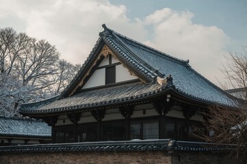 Fototapeta premium Winter scene with a European design rooftop in an Asian country