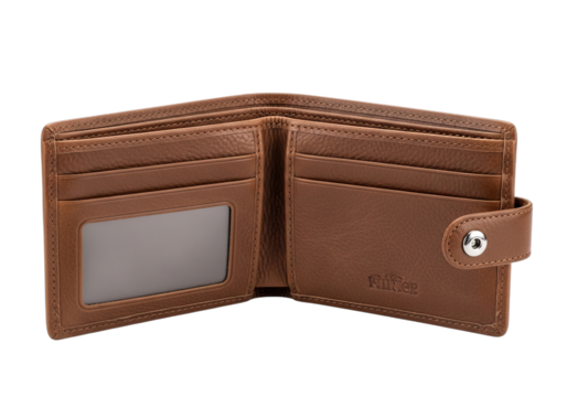 Brown leather bifold wallet open showing card slots and id window isolated on transparent background