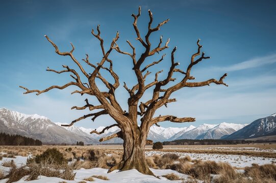 Renowned withered tree in a scenic lake setting