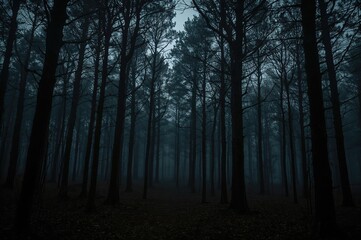 Obraz premium Misty shadowy woodland featuring a dark incline