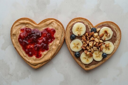 Valentine's Day themed heart-shaped sandwiches featuring peanut butter, strawberry jam, chocolate cream, blueberries, sliced bananas, and chopped nuts. Overhead shot with space for text.