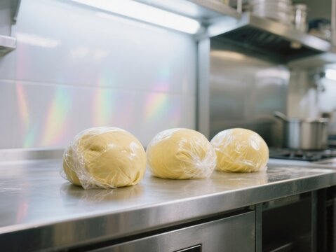 Freshly prepared dough balls covered in plastic wrap resting on a stainless steel countertop in a busy commercial kitchen for baking or pizza making - Powered by Adobe